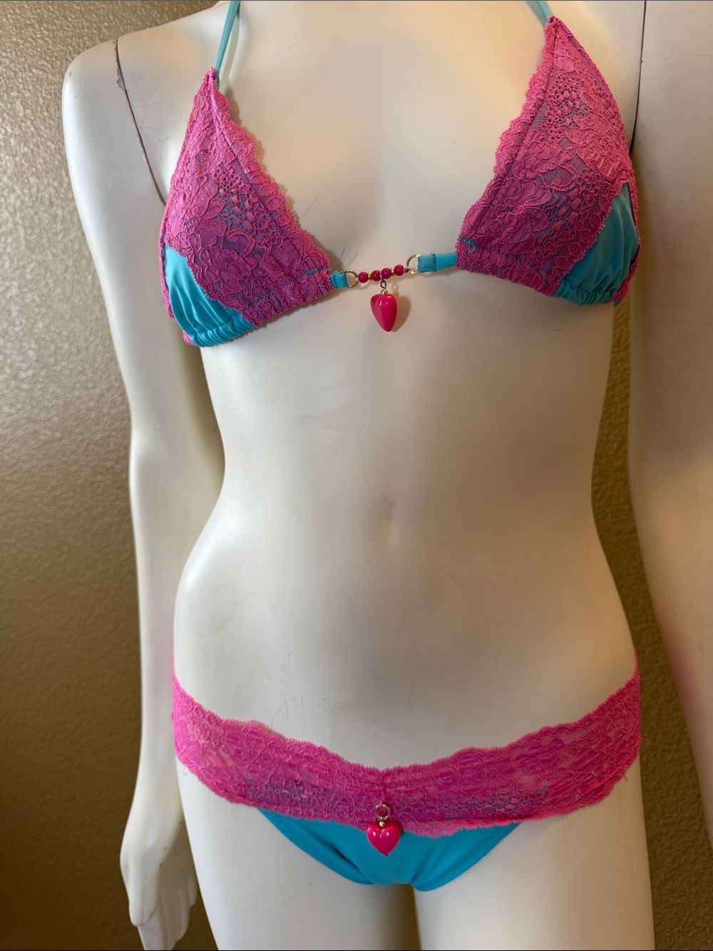 Beach Bunny Pink & Turquoise Lace Bikini Intimates Set